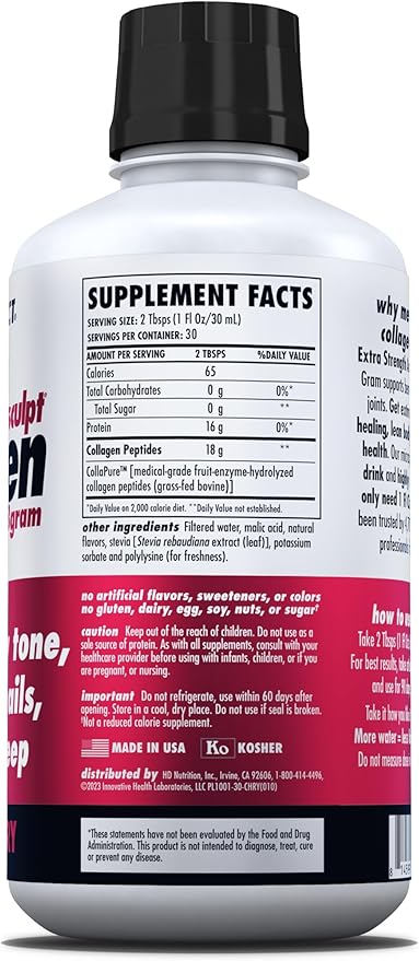 HEALTH DIRECT AminoSculpt Sugar-Free Collagen Supplement - High Potency Medical-Grade Protein for Hair Skin Nails &amp Joints Grass-Fed Non-GMO Liquid Collagen - Tart Cherry - 30 Fl Oz