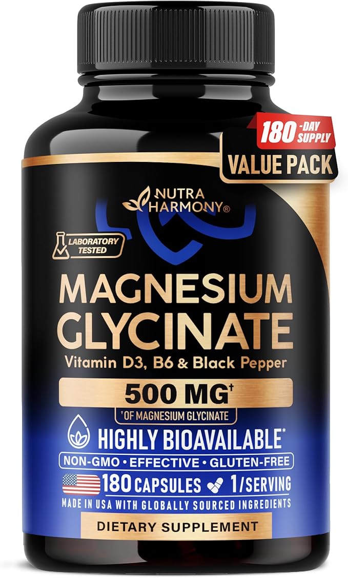 Magnesium Glycinate 500 mg - Chelated Supplement - High Absorption Form of Magnesium - Support for Sleep Muscle &amp Heart Health - Made in USA Lab Tested &amp Non-GMO - 180 Capsules