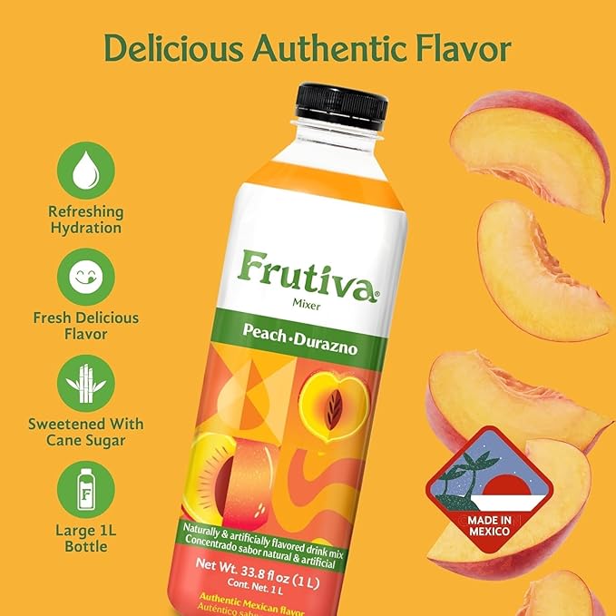Frutiva Authentic Peach Drink Mix | Made in Mexico with Cane Sugar | Aguas Frescas Concentrate Makes 2.6 Gallons Per Bottle | No High Fructose Corn Syrup | Perfect for Drinks Desserts &amp More | 12