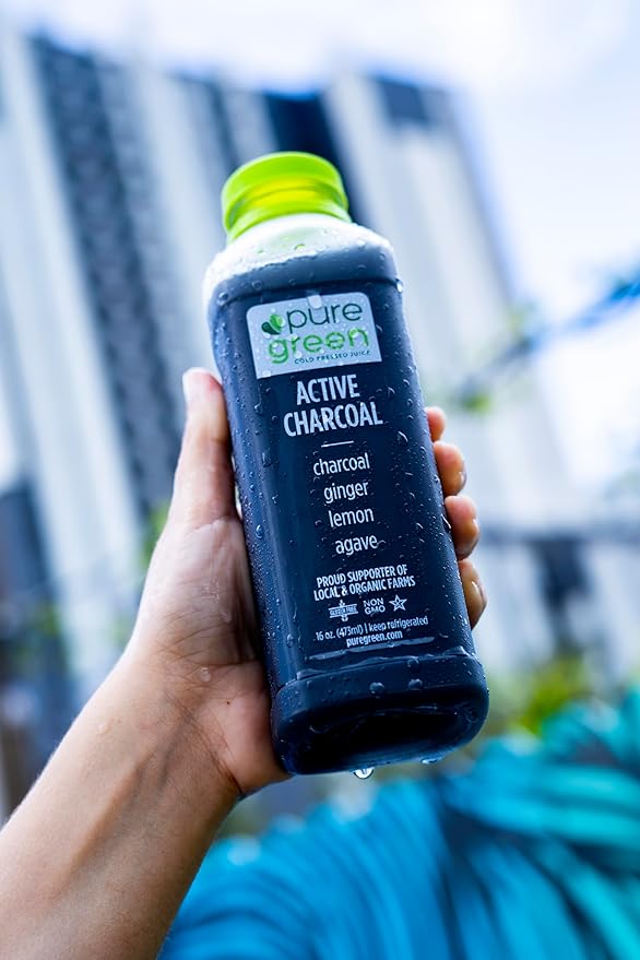 Pure Green Cold Pressed Juice - Active Charcoal - Fresh Functional Blend with Charcoal Ginger Lemon Agave - Natural Gluten Free Non-GMO No Artificial Colors or Flavors - Made from Real Fruits &a