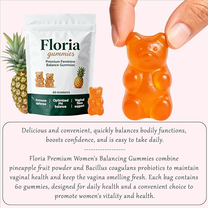 GFG Floria Premium Feminine Balance Gummies - Supports pH Balance Intimate Health &amp Closeness with Partner | Vegan Gluten-Free | Pineapple Flavor 60 Count (1pc)