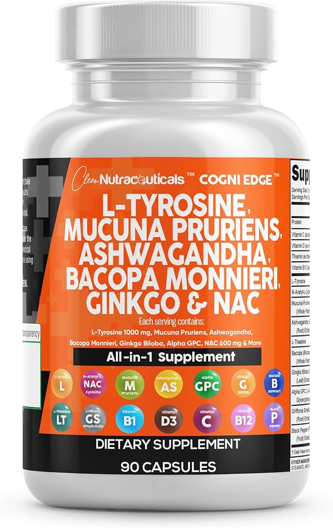 Clean Nutraceuticals L Tyrosine Mucuna Pruriens Bacopa Monnieri Ashwagandha Focus Supplement w/N-Acetyl Cysteine NAC 5-HTP Ginkgo Biloba Alpha GPC Vitamin C D B1 B12