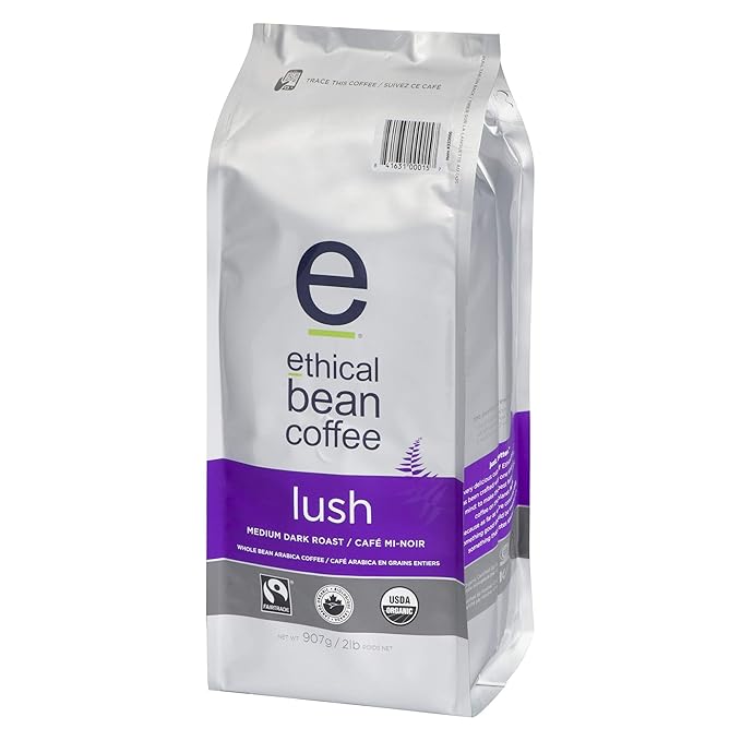 Lush Ethical Bean Coffee: Medium Dark Roast Whole Bean Coffee - USDA Certified Organic Coffee Fair Trade Certified - 2 lb Bag (908 g)