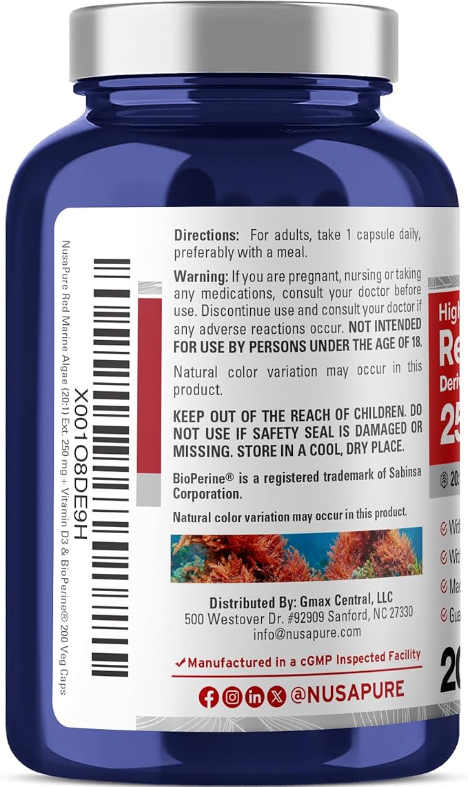 NusaPure Red Marine Algae Capsules 250 mg 180 Veg Capsules (Soy Free Non-GMO)