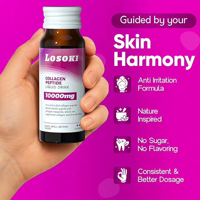 Losoki Liquid Collagen Peptide Drink - 10000mg Hydrolyzed Marine Collagen Peptides with Vitamin C Premium Blend Promote Healthy Hair Skin Nails Joints Bones (1 Box 10 Bottles)