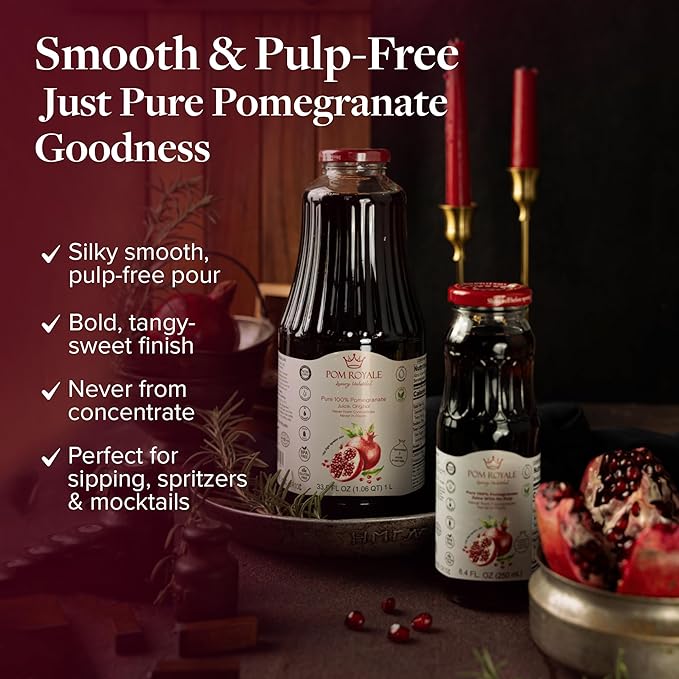 Pure Pomegranate Juice No Pulp 8.4 Ounce Glass Bottle (Pack of 15) Cold Pressed Juice Not from Concentrate Non-GMO No Sugar Added Gluten Free Kosher Certified Preservative Free