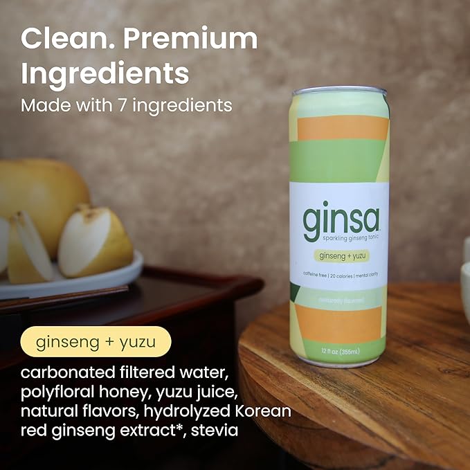 ginsa Sparkling Ginseng Energy Drink with Korean Red Ginseng | Natural Energy Booster | Non-GMO Supports Focus &amp Clarity with Pure Ginseng Root No Caffeine | 12 Pack | 12oz | Ginseng + Yuzu Flav