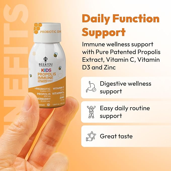 Bee and You Kids Propolis Immune Day Time Shot - Probiotic Vitamin C Vitamin D3 Zinc Immune Support Gut Health Digestive Health 1.69 Fl. oz 12 Pack