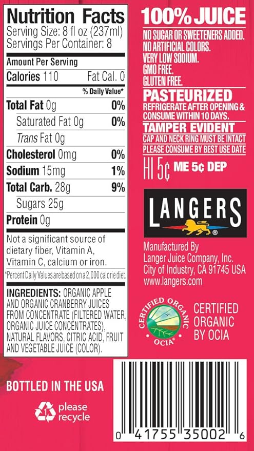 Langers 100% Organic Juice Cranberry 64 Fluid Ounce