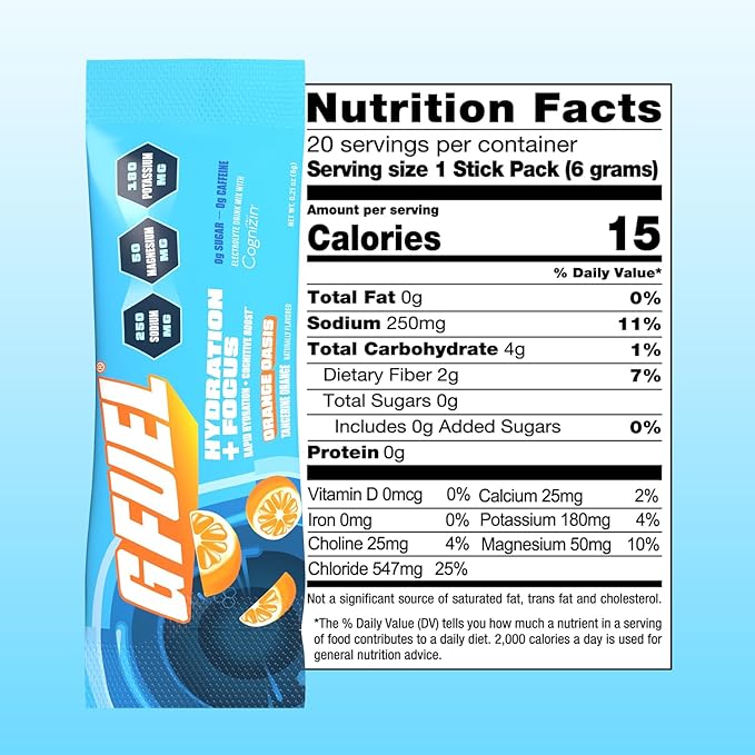G Fuel Electrolytes Powder for Instant Hydration and Focus | Sugar Free Orange Oasis Flavor Electrolyte and Nootropic Drink Mix to Sharpen Mental Focus 20 Servings