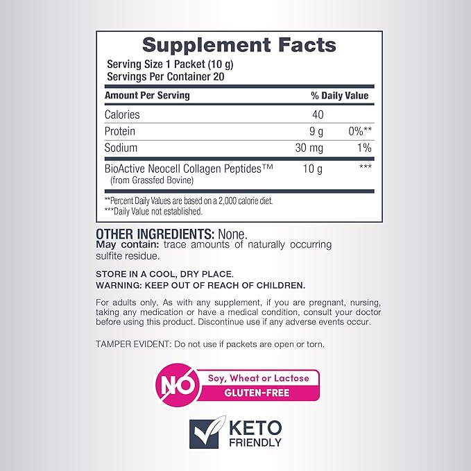 NeoCell Collagen Peptides Powder Packets | 20 Stick Packs | Grass Fed Bovine | Unflavored Supplement | Hair Skin &amp Nails | for Women and Men