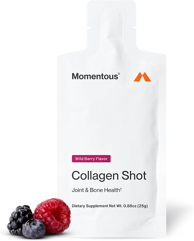 Momentous Collagen Shot Supplement - Hydrolyzed Bovine Collagen &amp Vitamin C Helps Support Joint Bone &amp Connective Tissue Health - NSF Certified for Sport - Wild Berry - 25g per Serving - 15