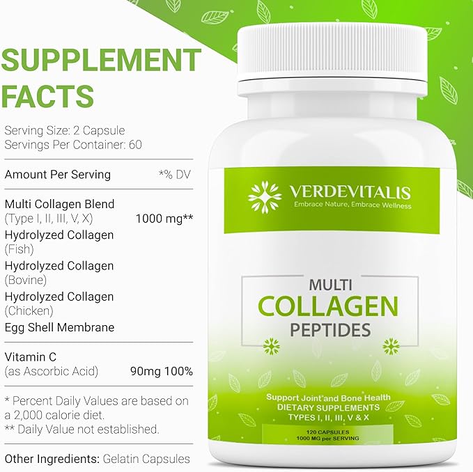 Multi Collagen Peptides Capsules -Non-GMO&ampGluten Free Type I II III V X Hydrolyzed Collagen Supplements with Vitamin C - Supports Healthy Hair Skin Nails &amp Joints - 120 CPS