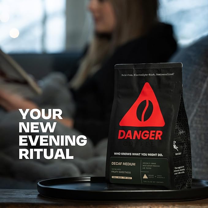 Danger Coffee by Dave Asprey Remineralized Mold Free &amp Lab Tested Swiss Water Decaf Ground Coffee Medium Roast Decaffeinated 10.9 Ounce