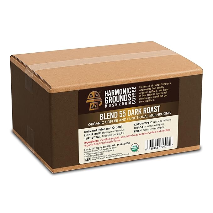 Harmonic Grounds Organic Mushroom Coffee Pods - Dark Roast Coffee with Lion's Mane Reishi Chaga Cordyceps &amp Turkey Tail - Compatible with Keurig K-Cup Brewers - 34 Count
