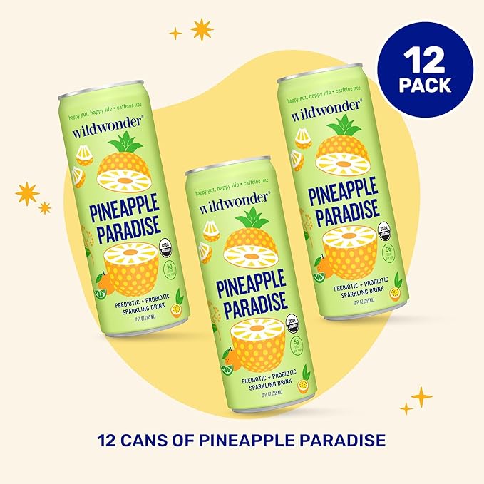 wildwonder Sparkling Probiotic Drink 12pk For Gut Health &amp Immune Support Pineapple Paradise 5g Prebiotic Fiber Live Probiotics Organic Vegan Low Sugar 12 Pack 12oz Can As Seen on Shark