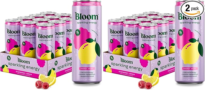 Bloom Nutrition Sparkling Energy Drink for Focus Natural Caffeine Zero Sugar 180mg Caffeine Antioxidant-Rich with Green Coffee Bean Green Tea Extract &amp Prebiotics Raspberry Lemon 12oz 24 Pa