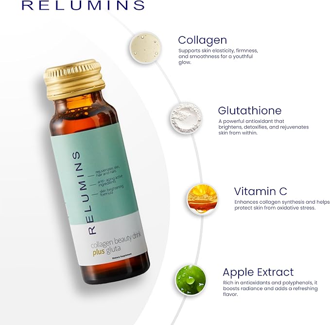 Relumins World's Most Advanced Collagen Drink - 10000mg w/Glutathione &amp Antioxidants | USA's No.1 Liquid Collagen Anti-Aging Spring Glow Essentials | Apple Flavor | Made in USA - 10 Bottles