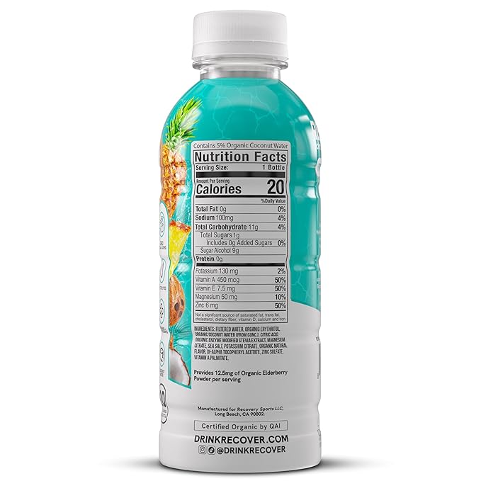 RECOVER 180 Organic Sports Hydration Drink No Sugar Added 20 Calorie Sports Beverage Organic Flavors With Vitamins Potassium-Packed Electrolytes (16.9 Fl Oz (Pack of 12) Tropical Ice)