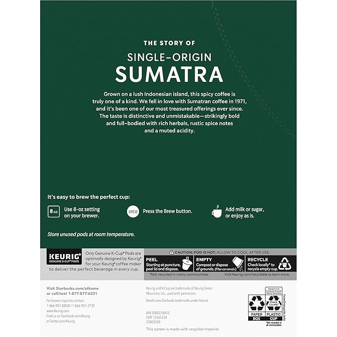 Starbucks K-Cup Coffee Pods Dark Roast Coffee Sumatra 100% Arabica 1 box (32 pods) (Pack of 2)