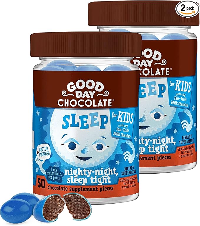 Good Day Chocolate Melatonin for Kids [2 Pack] - Fair Trade Non-GMO Chocolate with Chamomile and Melatonin 1 mg - Toddler Melatonin Kids Natural Sleep Aid for Ages 3 and Up