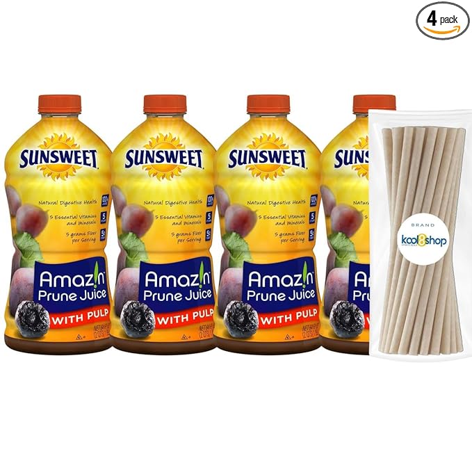 Sunsweet Amazin Prune with Pulp Juice 64 fl oz Plastic Bottles 4 Pack + 15 Sugarcane Disposable Straws by KOOL8SHOP Infinite Deals