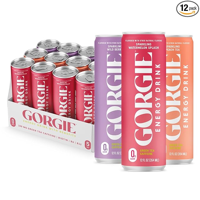 GORGIE Original Variety Sugar-Free Natural Energy Drink Sparkling Healthy Energy Drinks - Green Tea Biotin B Vitamins -150mg Caffeine Vegan &amp Low Calorie (Pack of 12)
