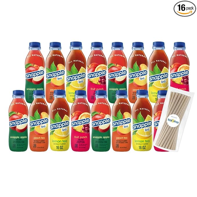 Snapple Variety Pack All Natural Fruit Juice 16 fl oz Plastic Bottle 16 Pack + 15 Sugarcane Disposable Straws by KOOL8SHOP Infinite Deals