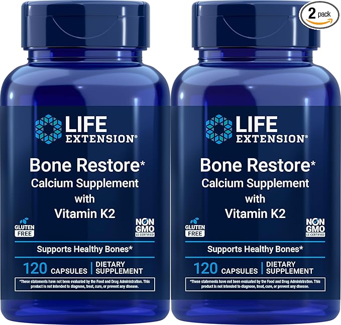 Life Extension Bone Restore Calcium Supplement with Vitamin K2 120 Capsules (Pack of 2)