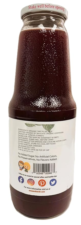 Anna and Sarah 33.8 Oz Organic Tart Plum Juice - Glass Bottle (2 Pack) No Sugar Added No Artificial Colors No Preservatives No Flavors AddedNOT from Concentrate