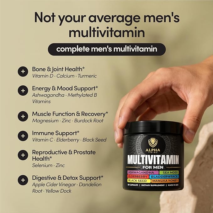 Alpha Tribe Multivitamin for Men &amp Organizer w/Seamoss Black Seed Oil Ashwagandha Burdock Root Turmeric Bladderwrack Vitamin C Elderberry Manuka | Daily Men's Vitamins &amp Minerals Supplemen