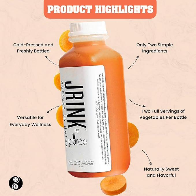 JRINK by Purée Organic Carrot Juice Cold Pressed Ginger Blend Healthy Cleanse Vegan Cold Press Beverage Non-GMO Organic Fruit and Vegetable Drink No Added Sugar 16 fl oz Bottles Pack of 24