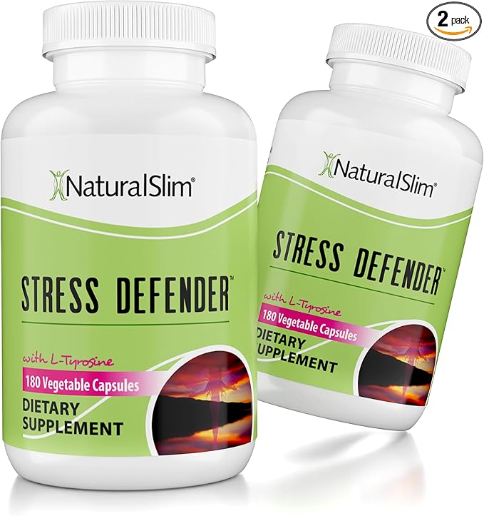 NaturalSlim Stress Relief Supplement - Stress Defender High Cortisol Reducer Control Cravings Sleep &amp Metabolism Support with Vitamin B5 Pantothenic Acid &amp L Tyrosine 180 Vegetable Capsules