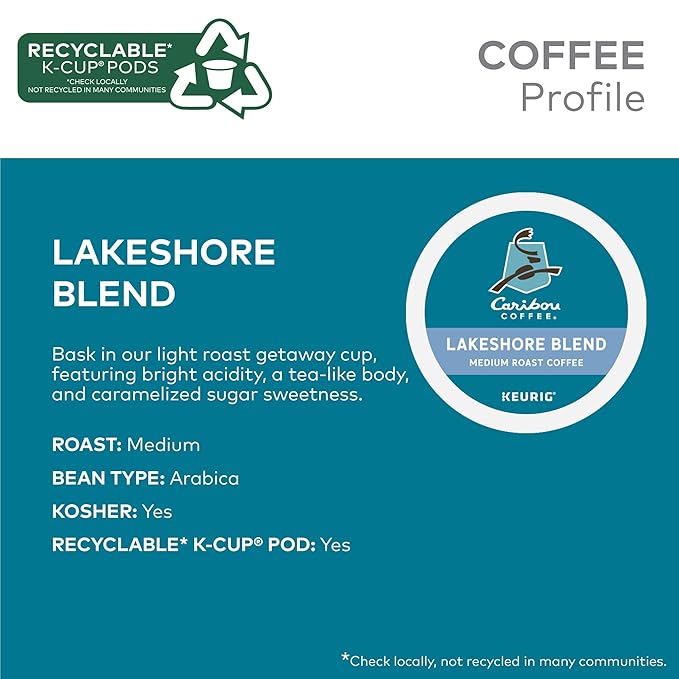 Caribou Coffee Lakeshore Blend Keurig Single-Serve K-Cup Pods Medium Roast 24 Count (Pack of 4)