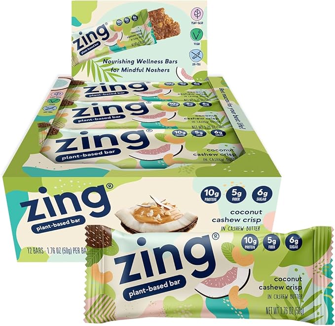 Zing Plant Based Protein Bar Coconut Cashew Crisp Nutrition Bar 10g Protein 5g Fiber Vegan Gluten Free Soy Free Non GMO 12 count