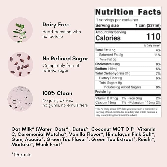 Pop &amp Bottle Vanilla and Matcha Oat Milk Lattes - Reishi and Maitake Mushrooms Green Tea Cold Brew Marine Collagen MCT Oil Organic Dairy &amp Gluten Free Vegan - 8 Fl Oz (Pack of 12) 6