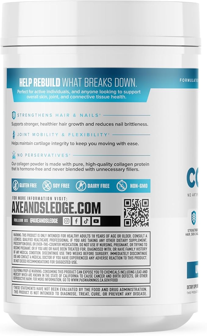 Axe &amp Sledge Pure Hydrolyzed Collagen Powder Gluten Free Keto and Paleo Friendly Grass Fed Unflavored Non GMO 1.46 Lbs