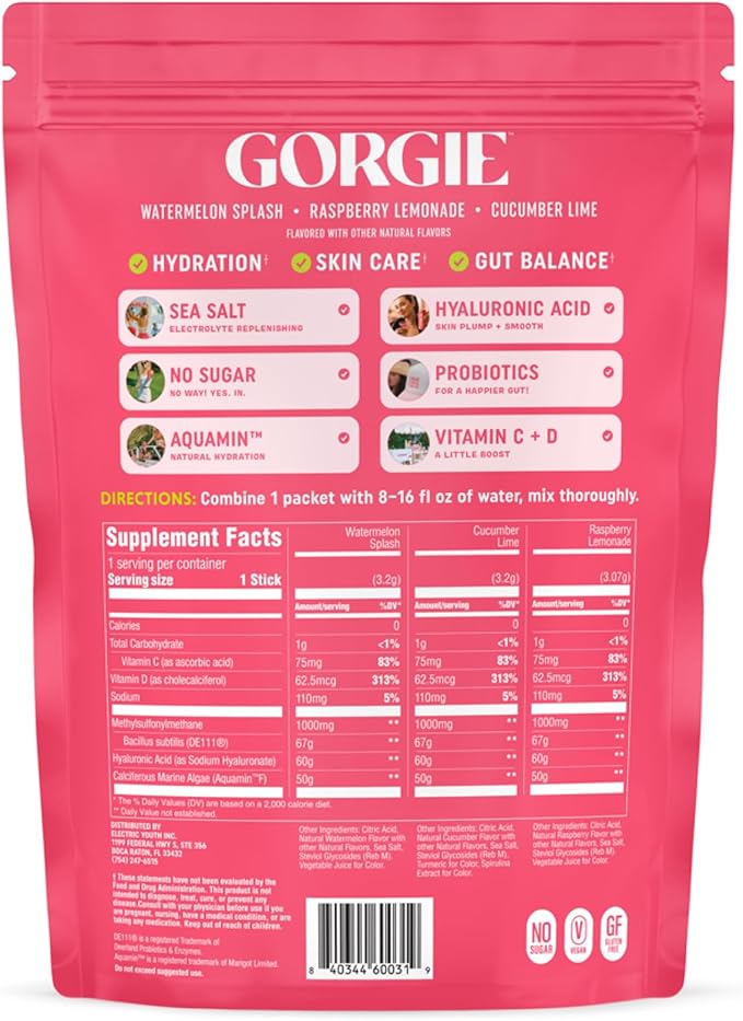 GORGIE Glow Variety Pack 15 Sticks Electrolyte Powder Healthy Drink Mix w/Hyaluronic Acid Aquamin Vitamin C &amp D Probiotics No Sugar Antioxidants for Hydration Skin Care and Gut Balance