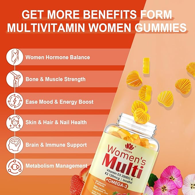 Womens Multivitamin Gummy with Omega 3（DHA/EPA) Vitamin D3 K2 Calcium Inositol Daily Womens Vitamin A C E B Complex L-MethylFolate Methyl B12Sugar Free Methylated Multivitamins Minerals 60Cts
