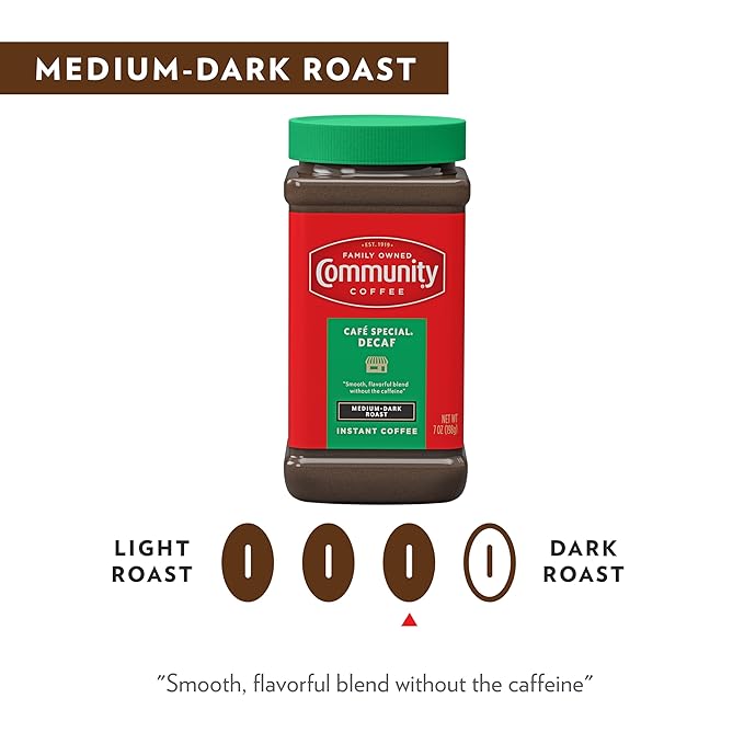 Community Coffee Café Special Decaf Medium Dark Roast Instant Coffee 7 Ounce Jar (Pack of 4)