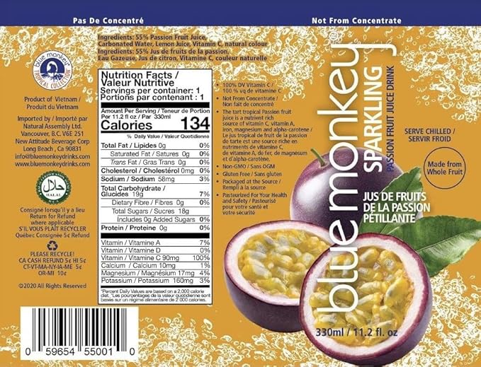 Blue Monkey Sparkling Passion Fruit Juice - Real Fruit Juice No Sugar Added All Natural Lightly Carbonated Halal Certified - Refreshing Tropical Sparkling Water Alternative - 11.2oz (330ml) 12 Pac