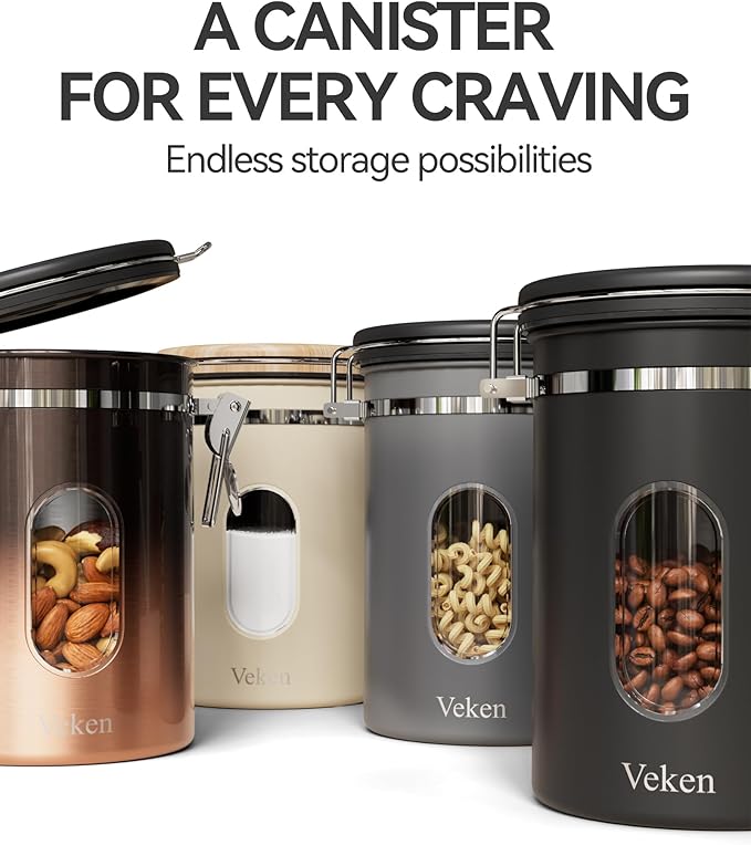 Veken Coffee Sugar Canister with Window Easter Gifts Airtight Stainless Steel Container with Lids Home Kitchen Food Storage Jars for Grounds Beans Tea Flour Cereal Basket Scoop 22OZ Cream