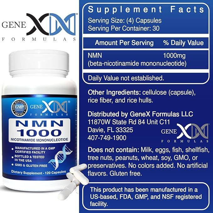Genex Formulas NMN 1000mg - 99% Pure Shelf Stabilized Supplement Capsules for Increased NAD Levels &amp Healthy Aging GMP Certified 1000mg per Serving 120 Capsules