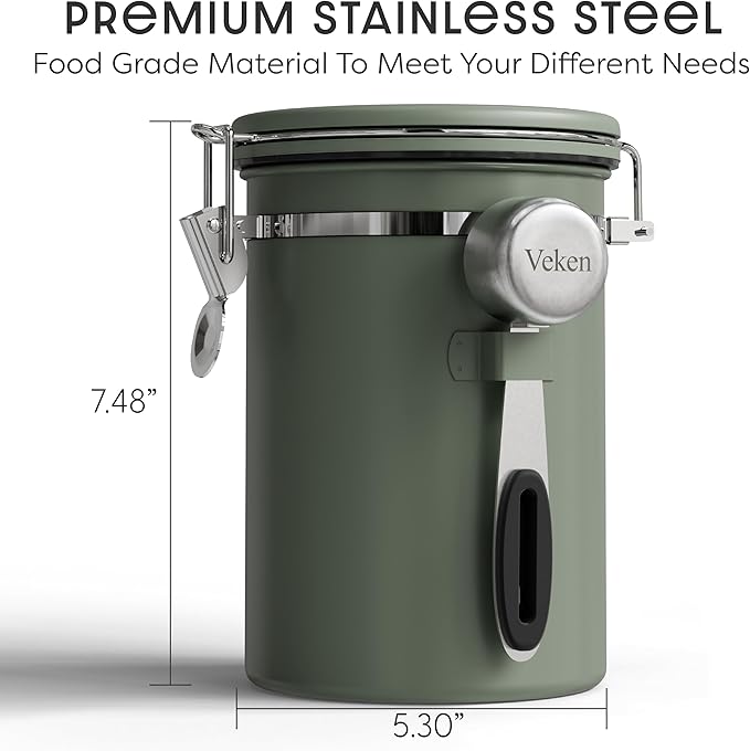 Veken Coffee Canister with Window Easter Gifts Airtight Stainless Steel Container with Lids Home Kitchen Food Storage Jars for Grounds Beans Tea Flour Cereal Sugar Basket Scoop 22OZ Green