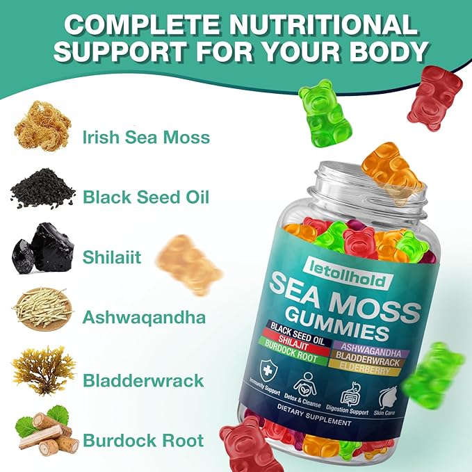 Sea Moss Gummies - Irish Sea Moss Gummies Advanced for Adults with Ashwagandha Bladderwrack &amp Burdock Root for Supports ImmuneEnergy - 60 Vegan Gummy5PCS