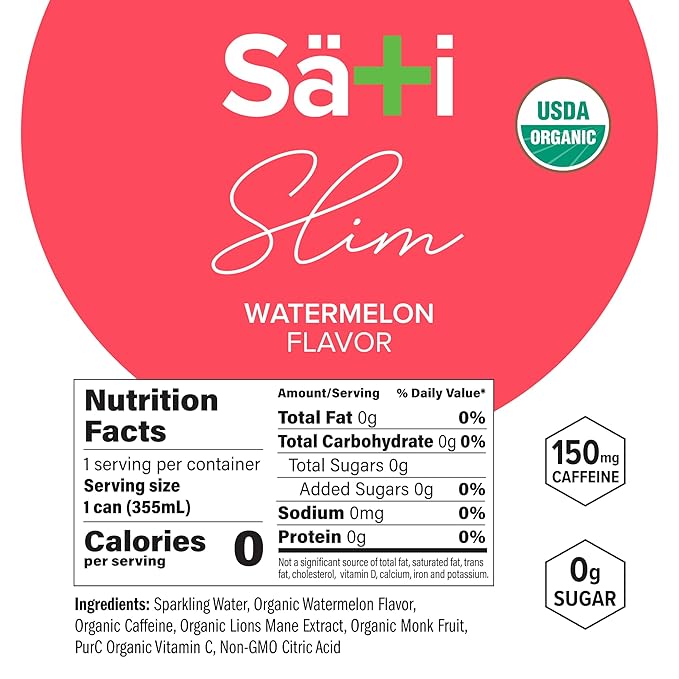 Sati Slim Organic Watermelon Soda - Adaptogenic Beverage with Lions Mane Green Coffee Bean &amp Acerola Vitamin C | Zero Calories Zero Sugar 12-Pack Case (12 Pack of 12 Ounce Cans Watermelon)