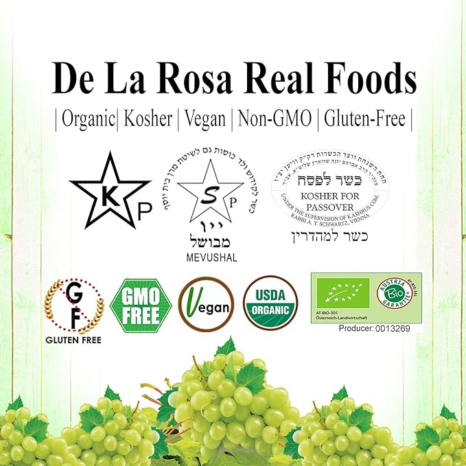 De La Rosa Organic White Grape Juice Kosher Non-GMO &amp Gluten Free No Preservatives or Sulfites Vegan White Grape Juice 25.4 Oz Glass Bottle (Pack of 6)