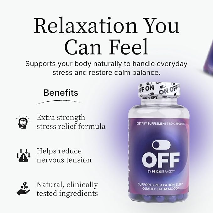 Off by Psicóespacio Dietary Nutritional Supplement Night Time L theanine Pills for Adults Melatonin Sleep Aid Supplement for Relaxation Sleep Quality and Calm Mood (60 Count Pack of 1)