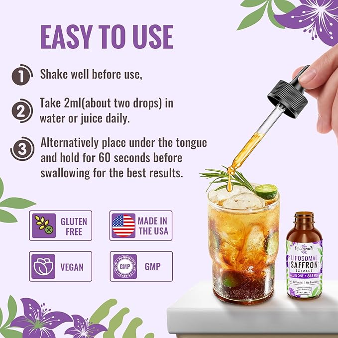 Resciency Liposomal Saffron Supplements Drops 88.5mg – High Bioavailability Liquid Saffron Extract for Mood Support Energy Focus &amp Vision with Ashwagandha Magnesium Zinc B12 &amp D3 2 fl oz
