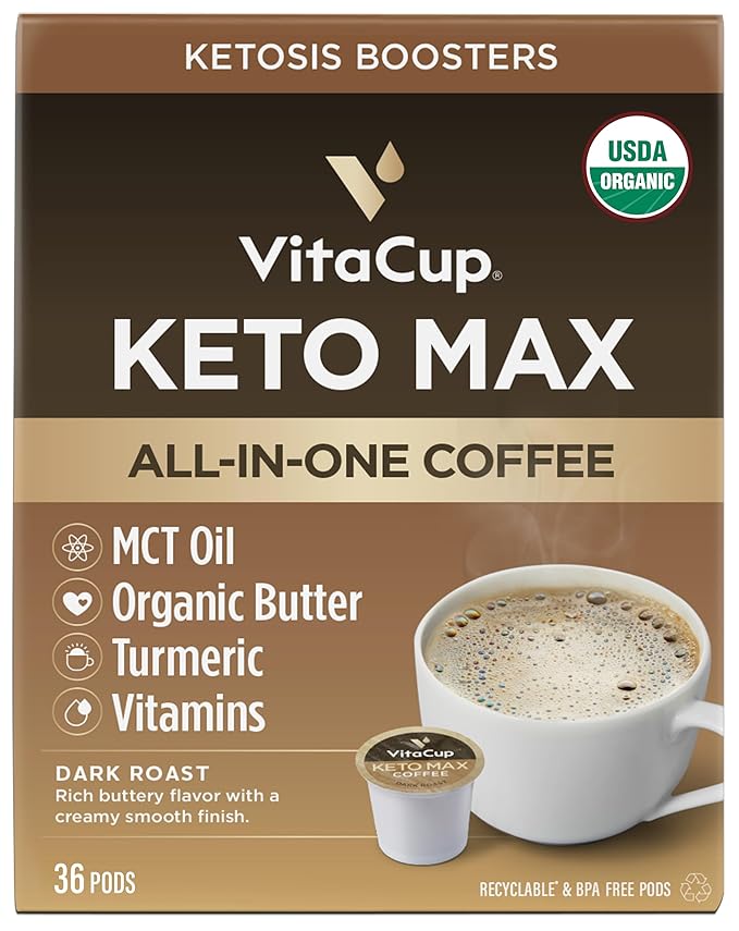 VitaCup Keto Max Dark Roast Coffee Pods Ketosis &amp Energy Butter MCT Oil Turmeric B Vitamins D3 All-In-One Keto Single Serve Pod Compatible with Keurig K-Cup Brewers 36 Ct